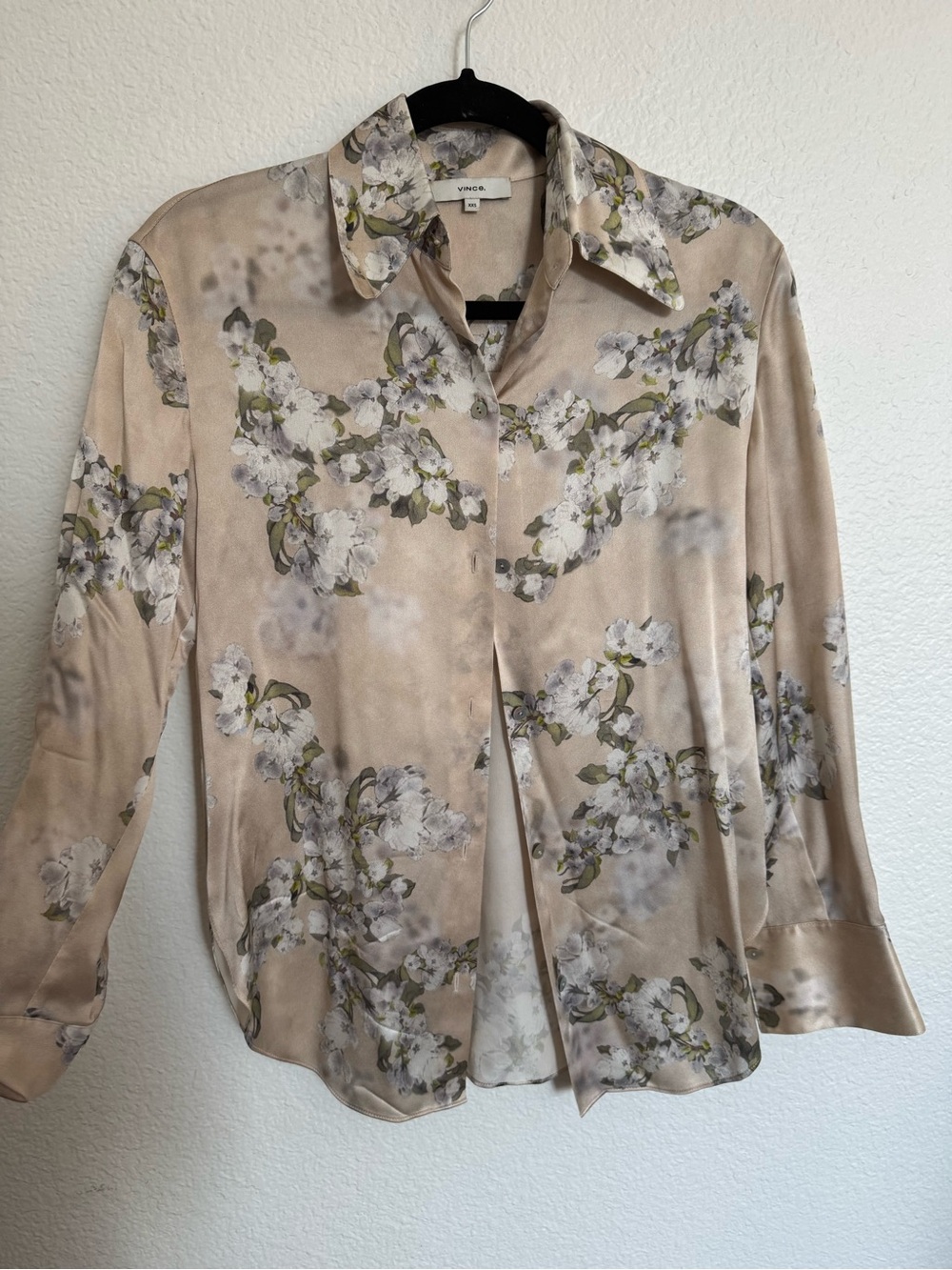 Vince Beige and salmon Silk Button-Down Blouse with White and Olive Accent